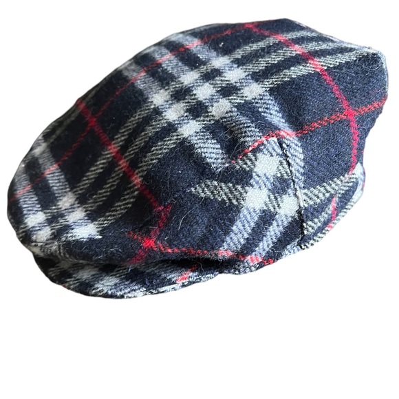 BURBERRYS Cap VINTAGE Blue Gray Black White Red Wool Tartan Newsboy Hat Size XL - Picture 2 of 10